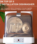 Portable Countertop Dishwasher With Four Wash Cycles And A Slick Bottom Spray Arm cradling plates and glasses on a wooden kitchen counter.