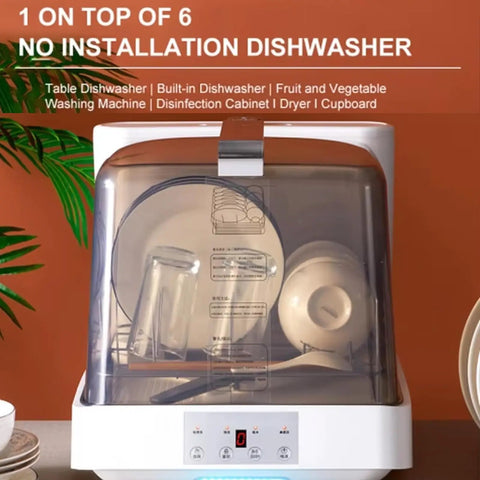 Portable Countertop Dishwasher With Four Wash Cycles And A Slick Bottom Spray Arm cradling plates and glasses on a wooden kitchen counter.