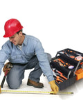 Worker using 16.5 Inch Three Layer Folding Tool Box Organizer With Portable Handle for home office car trunk and fishing gear.
