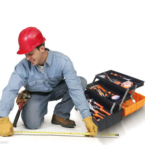 Worker using 16.5 Inch Three Layer Folding Tool Box Organizer With Portable Handle for home office car trunk and fishing gear.