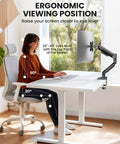 Fully Adjustable Monitor Arm for 13 to 34 Inch Monitors with Tool Free VESA Mount set on desk, showing ergonomic setup with user.