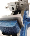 Close-up of Workhorse Self Centering Vise for Drilling and Milling Machines, fixed base, 50 mm jaw, showing measurement with ruler.