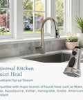 Universal Replacement Kitchen Faucet Head With 15 Adapters for Moen Delta Kohler Pull Down Sprayer in brushed nickel.