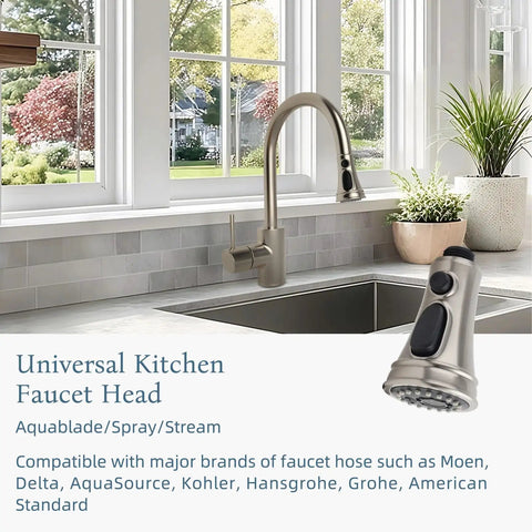 Universal Replacement Kitchen Faucet Head With 15 Adapters for Moen Delta Kohler Pull Down Sprayer in brushed nickel.