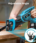 Cordless Reciprocating Saw With Brushless Motor, 3500 RPM, cutting metal with adjustable angle, dark blue handle visible