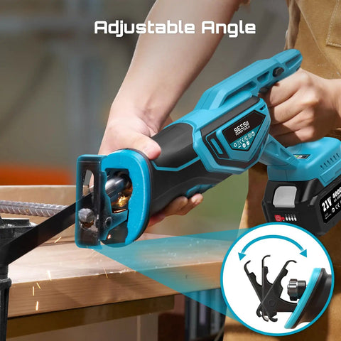 Cordless Reciprocating Saw With Brushless Motor, 3500 RPM, cutting metal with adjustable angle, dark blue handle visible