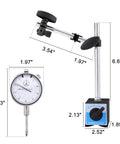 Dial Indicator With Magnetic Base 0 To 1.0 Inch Range 0.001 Inch Precision Long Arm With Fine Adjustment Universal Rotating Shaft On Off Switch Heavy Duty Pro Grade Durable Construction, showing measurements and a dial display.