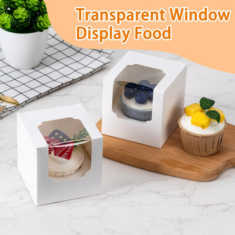 50 Pack Cupcake Containers With Windows, Food Grade Cupcake Boxes With Lids, stackable carrier displaying cupcakes on a table