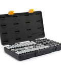 56 Piece Three Eighth Inch Drive Mechanic Tool Set With 120XP Sockets displayed in open black case on white background.