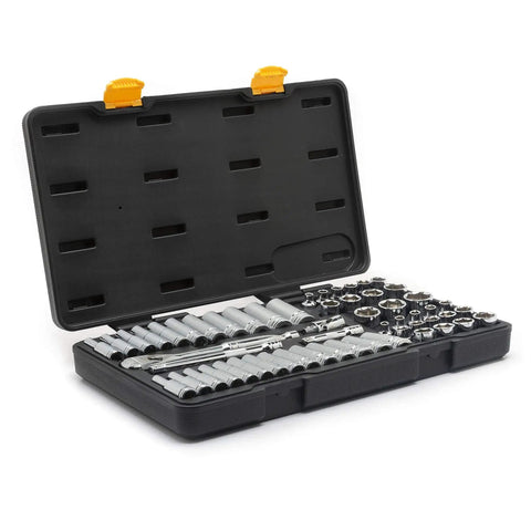 56 Piece Three Eighth Inch Drive Mechanic Tool Set With 120XP Sockets displayed in open black case on white background.