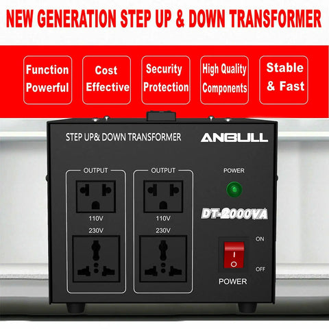 Front view of Beefy 2000W Voltage Transformer Converter For Global Use 110V To 220V and back, showing outlets and power switch.