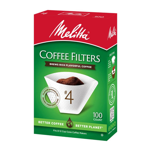 Box of Melitta #4 coffee filters, green packaging with white filter image and coffee, fits 8-12 cup cone coffee makers, 100 count.
