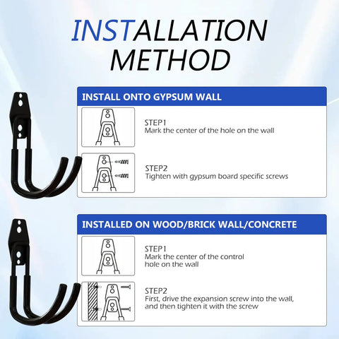 Guide for installing Heavy Duty Double J Hook EV Wall Mount Solid Steel Electric Cable Organizer for garage storage.