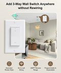 3 Way Wireless Light Switch And Receiver Kit With 200 Ft RF Long Range, Easy No Rewire Install, Instant On Off Remote, Works Without WiFi, Simple Setup For Living Room, Bedroom And Hallway Lighting. White rocker switch in a living room