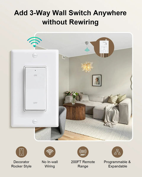 3 Way Wireless Light Switch And Receiver Kit With 200 Ft RF Long Range, Easy No Rewire Install, Instant On Off Remote, Works Without WiFi, Simple Setup For Living Room, Bedroom And Hallway Lighting. White rocker switch in a living room