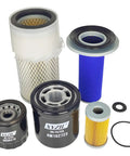 All In One Maintenance Filter Kit For 955 3TN84 Compact Utility Tractor With Dual Stage Air Cleaner Includes Oil Filter M806419 Fuel Filter T111383 Hydraulic Filter AM108184 AM108185 AM102723 showing five components.