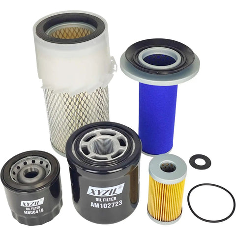 All In One Maintenance Filter Kit For 955 3TN84 Compact Utility Tractor With Dual Stage Air Cleaner Includes Oil Filter M806419 Fuel Filter T111383 Hydraulic Filter AM108184 AM108185 AM102723 showing five components.