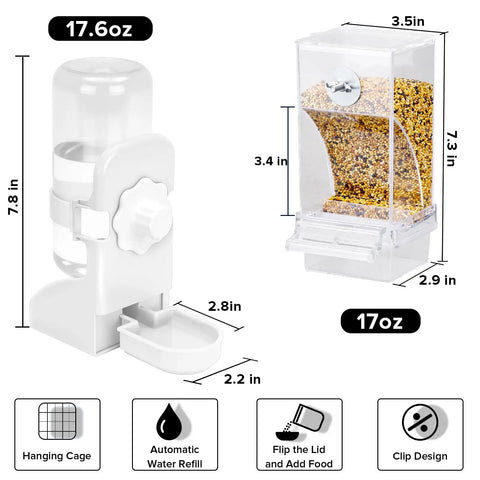 Image of Automatic Bird Feeder And Water Dispenser Set For Cage With No Fuss Seed Catcher showing measurements and design features.