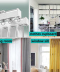 Heavy Duty Aluminum Alloy Curtain Tracks Providing Hella Smooth Tracking Uses Durable Wheeled Gliders Along With Full Mounting Kit over living room windows.