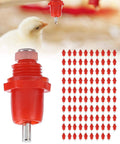 Real Deal 100 Pack Stainless Steel Poultry Water Nipplers With Heavy Duty Screw Mount Base For Backyard Chickens And Farm Flock Smooth Operation 360 Splash Free Drinking Auto Fill Setup with red nipple and chick.