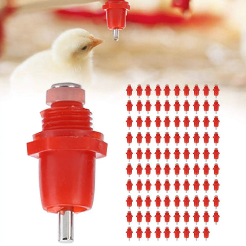 Real Deal 100 Pack Stainless Steel Poultry Water Nipplers With Heavy Duty Screw Mount Base For Backyard Chickens And Farm Flock Smooth Operation 360 Splash Free Drinking Auto Fill Setup with red nipple and chick.