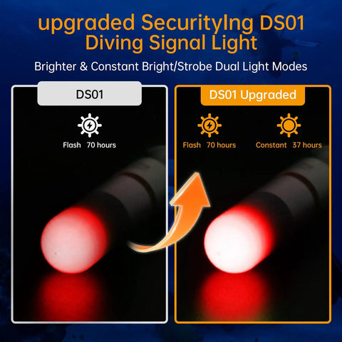 4 Pack Dive Marker Light 300 Lumen LED Beast Bright Waterproof To 150m With Steady And Flash Modes AAA Battery Included Red Signal Light For Night Dives Cave Exploration And Camping - DS01 model comparison showcasing flash and constant modes