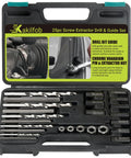 25-piece screw extractor drill and guide set in a rugged case, showing drill bits and extraction tools for bolts.