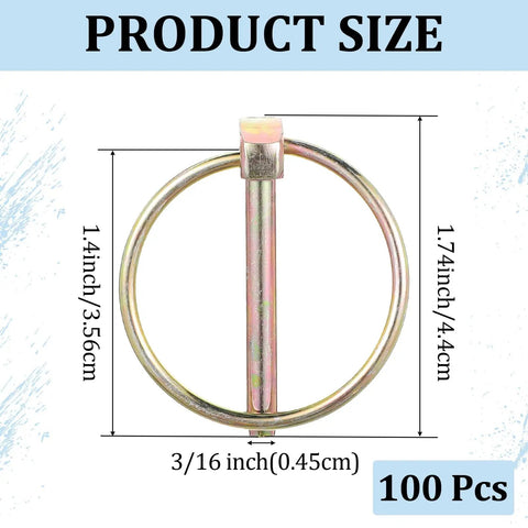 100 Piece Lynch Pin Assortment Kit 3/16 Inch With Ring Heavy Duty Lynch Pins For Trucks Tractors Trailers Lawn Mowers And Trolleys 3/16 x 1-7/16 Inch Quick Secure Fit In Compact Carry Case, shown with size measurements