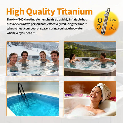 4kW 240V Hot Tub Heater Element Replacement For Balboa Spa And Flo Thru Universal Heating Element Compatible With Gecko Hydro Quip Acura Spas Coleman Watkins Dimension One, shown in use with happy people in a hot tub.