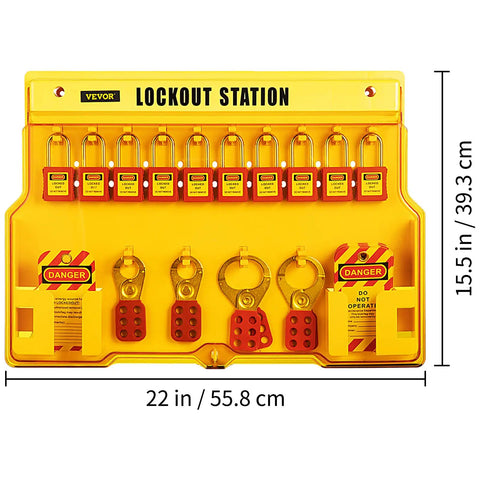 58 Piece Lockout Tagout Kit For Rock Solid Electrical Safety Featuring Industrial Station Padlocks Hasps Warning Tags Zip Ties Works Like A Charm For Heavy Duty Factory And Plant Projects wall mounted lockout station with 14 padlocks and danger tags.