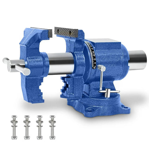 Heavy Duty 4 Inch Bench Vise With 360 Degree Swivel Base And Anvil, blue industrial vise with mounting hardware