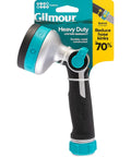 Heavy Duty Thumb Control Garden Hose Nozzle With Eight Pre Set Spray Patterns, shown in packaging with ergonomic non-slip handle