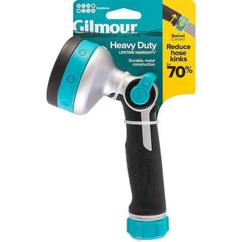 Heavy Duty Thumb Control Garden Hose Nozzle With Eight Pre Set Spray Patterns, shown in packaging with ergonomic non-slip handle