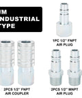 Heavy Duty 1/2 Inch Quick Connect Air Fittings Kit With High Flow Performance Five Piece Industrial Couplers And Plugs Includes 1/2 FNPT And MNPT For Air Tools And Compressors, featuring industrial type components
