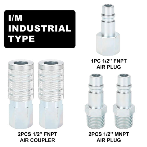 Heavy Duty 1/2 Inch Quick Connect Air Fittings Kit With High Flow Performance Five Piece Industrial Couplers And Plugs Includes 1/2 FNPT And MNPT For Air Tools And Compressors, featuring industrial type components