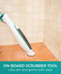 Straight Up Heavy Steam Mop For Sanitizing Sealed Hardwood Tile And Vinyl Floors With Chemical Free Deep Cleaning Power and integrated scrub brush in use on tiled floor.