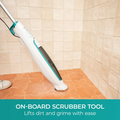 Straight Up Heavy Steam Mop For Sanitizing Sealed Hardwood Tile And Vinyl Floors With Chemical Free Deep Cleaning Power and integrated scrub brush in use on tiled floor.