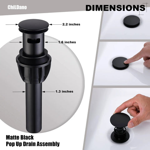Black Matte Pop Up Drain dimensions for Black Matte Widespread Bathroom Faucet With Pop Up Drain And Supply Hose, 8 Inch.