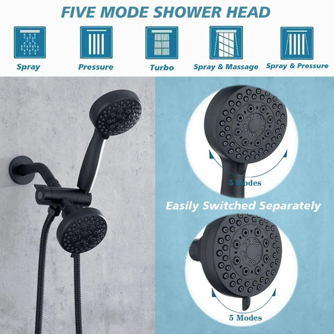 2 In 1 Matte Black Shower System With Handheld And Dual Rain Showerheads, High Pressure, 35 Spray Settings diagram.
