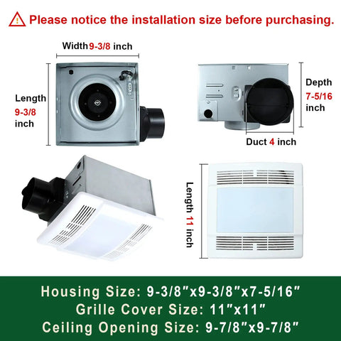 Ultra Quiet 90 CFM Bathroom Exhaust Fan With Light Powerful Moisture And Odor Ventilation For Your Home One Point Five Sones Built For Rooms Up To 85 Square Feet Light Combo Durable Build With Three Year Warranty, displaying fan dimensions and components