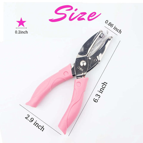 Image of Star Shaped Handheld Paper Hole Punch with Soft Grip Pink Silicone Cover for scrapbooks, card making and crafts. Size details shown.