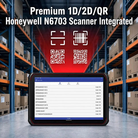 Badass Rugged Android Tablet With Integrated Honeywell N6703 Scanner Featuring Solid 8 Inch Display in warehouse setting.