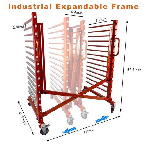 Pro Level 15 Tier Paint Drying Rack With Smooth Rolling Wheels And Quick Slide Width Adjustment From 12 To 58 Inches, industrial expandable frame.