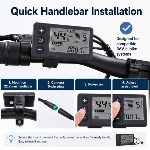 Electric Bike LCD Display Panel For 22.2 Mm Handlebars With Waterproof Plug, Meter For 24V 36V 48V E Bikes, S866 Compatible Digital Display Screen, Fits Road, Mountain, And Commuter Ebikes, Stable Mounting For City Streets