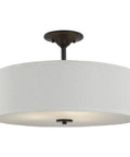 Inspire Collection Antique Bronze Three Light Semi Flush Mount Ceiling Light with off-white linen shade, 18 inch fixture.