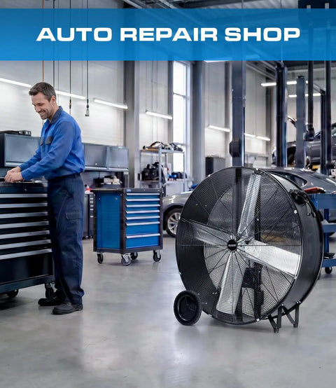 Heavy Hitter 42 Inch Industrial Drum Fan Moves Serious High Velocity Air For Garage Or Workshop Cools 24500 CFM with smooth rolling casters.