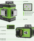 Self Leveling Laser Level With 3x360 Green Beams For Pro Grade Cross Line Three Plane Layout And Quick Horizontal And Vertical Alignment A Must Have For DIY And Construction Pros Includes Li Ion Battery And Portable Tool Bag, showing controls and Li-ion battery compartment.