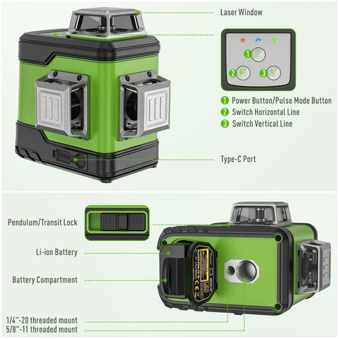 Self Leveling Laser Level With 3x360 Green Beams For Pro Grade Cross Line Three Plane Layout And Quick Horizontal And Vertical Alignment A Must Have For DIY And Construction Pros Includes Li Ion Battery And Portable Tool Bag, showing controls and Li-ion battery compartment.