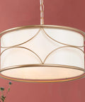 Gold Drum Pendant Chandelier Light Fixture With White Fabric Shade, 4 Light Modern Chandelier For Dining Room, Kitchen Island, Foyer And Living Room, Hot Gold Ceiling Light With 16 Inch Diameter And 21.5 Inch Height