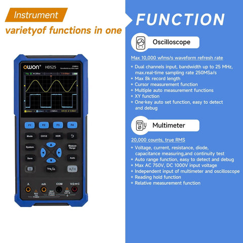 Handheld Oscilloscope And Multimeter Combo With Two Channels, 25MHz Bandwidth, 250 MSps Sample Rate, 3.5 Inch LCD Color Display